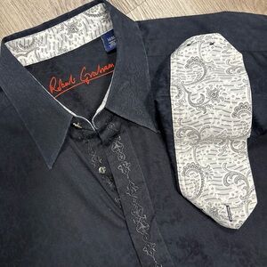 Robert Graham Floral Textured Black Button Shirt Mens Medium